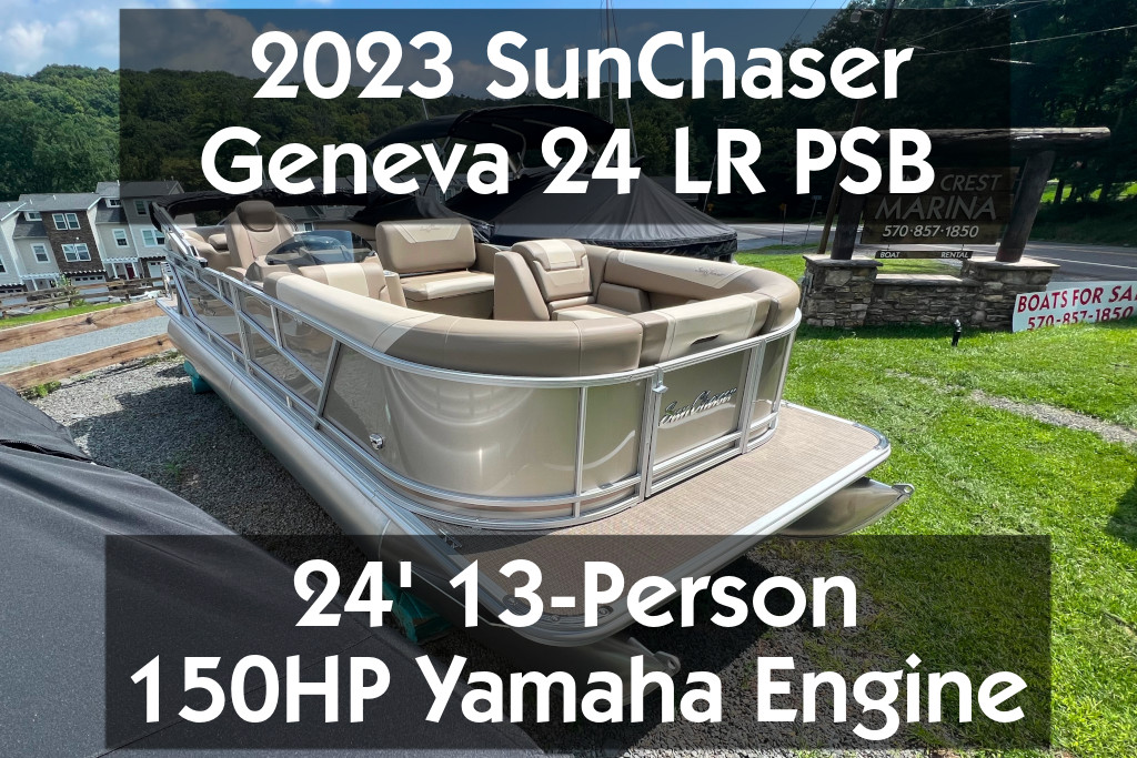 Photo of a brand new beige pontoon with comfortable-looking seating. On top is the text "2023 SunChaser Geneva 24 LR PSB" and "24 foot, 13 person, 150 horsepower Yamaha engine". It is a boat for sale.